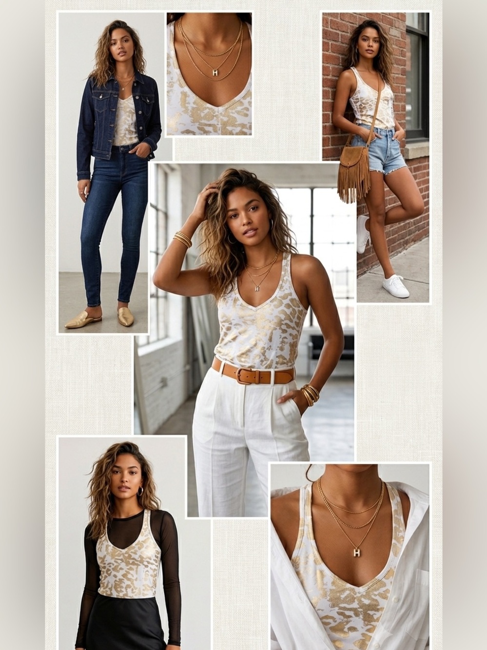 Gold Animal-Print Scoop White Tank Size S Summer Holiday